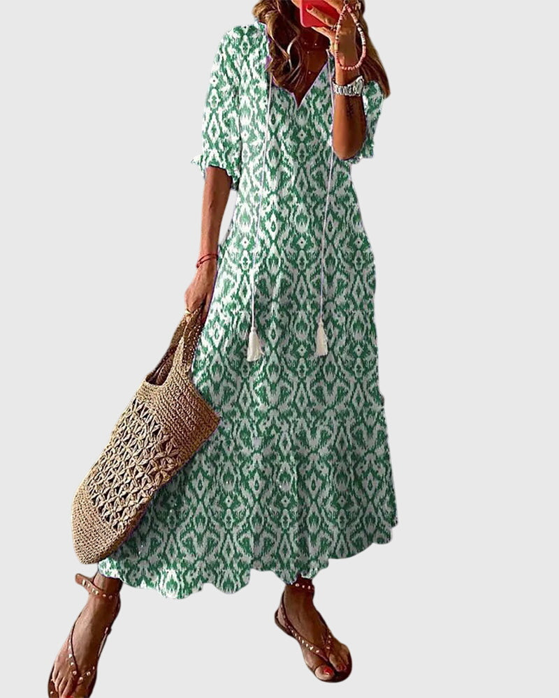 Γυναικείο Καλοκαιρινό Φόρεμα Boho με V Λαιμόκοψη – Πράσινο