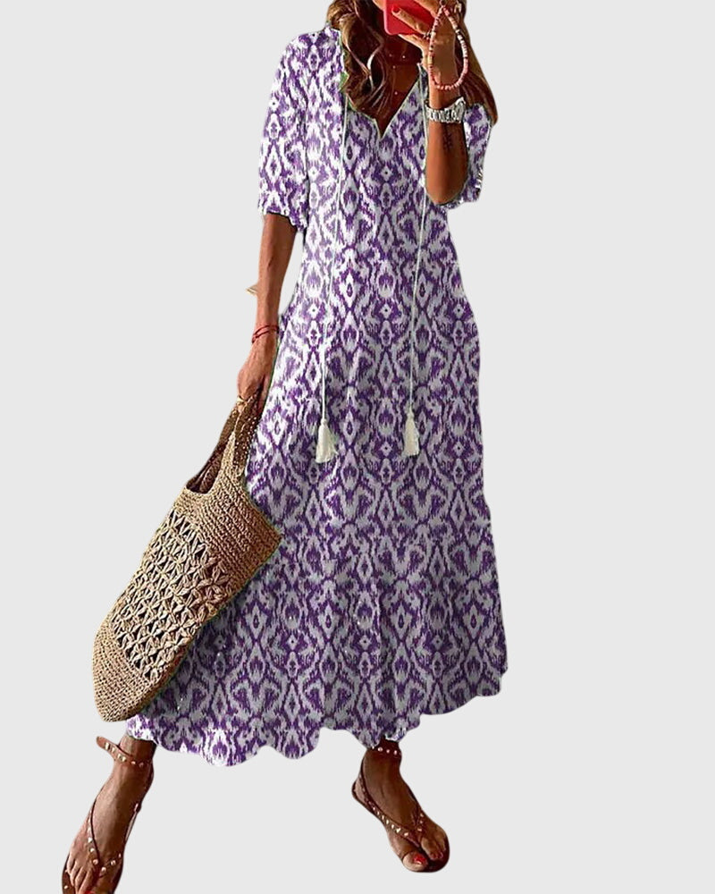 Γυναικείο Καλοκαιρινό Φόρεμα Boho με V Λαιμόκοψη – Μωβ