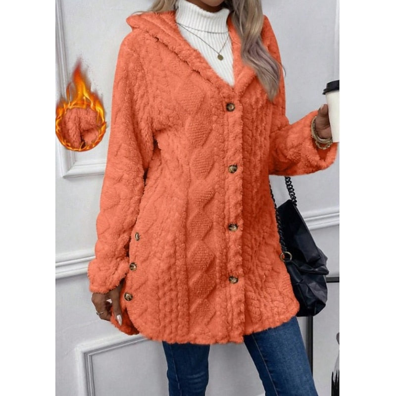 Γυναικείο Fleece Μπουφάν με Κουκούλα Ανάγλυφη Υφή – Πορτοκαλί
