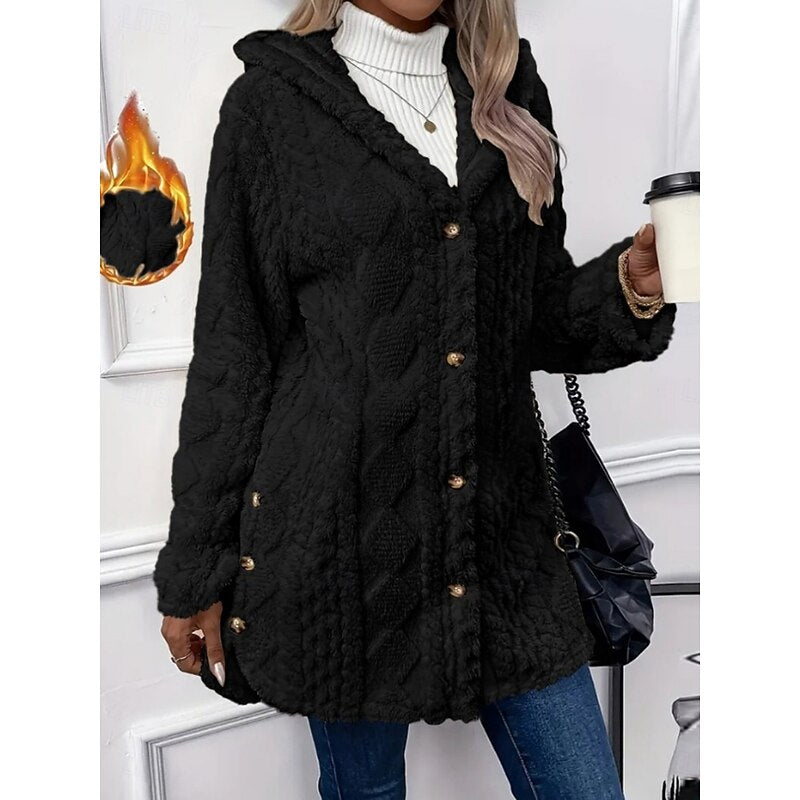 Γυναικείο Fleece Μπουφάν με Κουκούλα Ανάγλυφη Υφή – Μαύρο