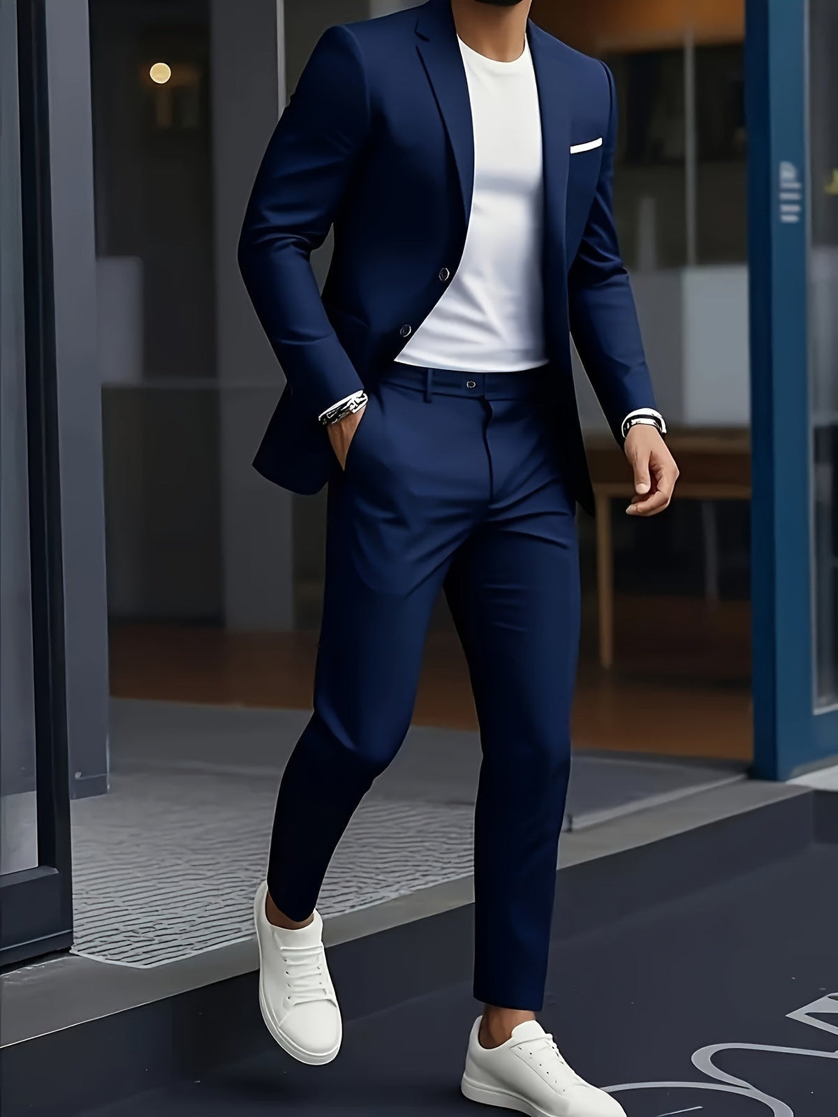 Ανδρικό Κοστούμι Δύο Τεμαχίων Slim Fit με Πέτο Notch – Μπλε Μαρίν