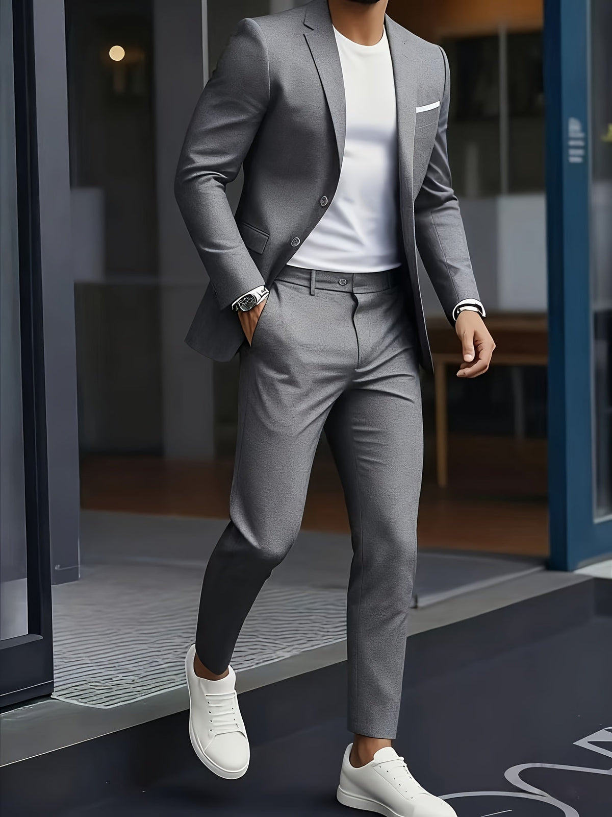Ανδρικό Κοστούμι Δύο Τεμαχίων Slim Fit με Πέτο Notch – Γκρι