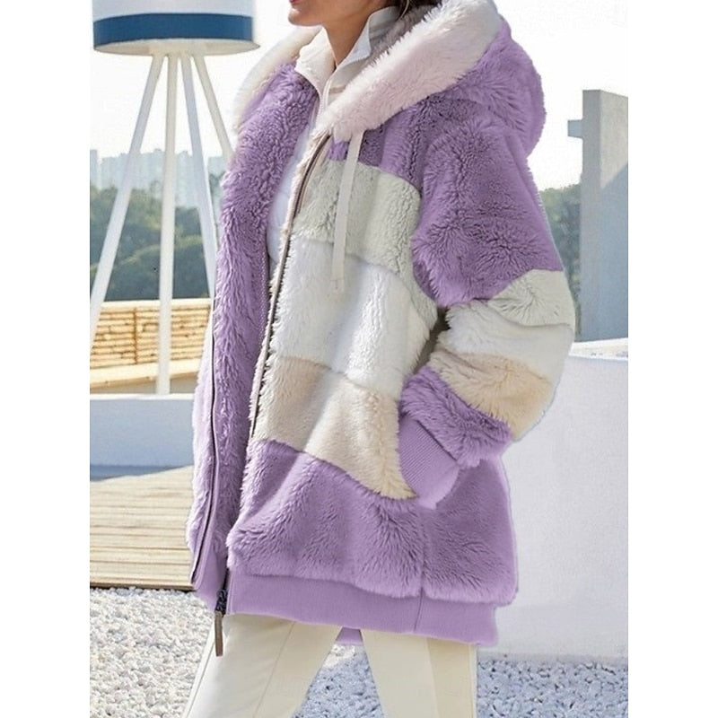 Γυναικείο Fleece Ζακέτα με Κουκούλα και Φερμουάρ – Ανοιχτό Μωβ