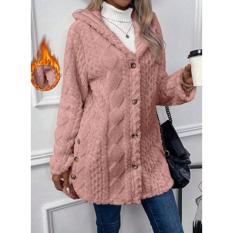 Γυναικείο Fleece Μπουφάν με Κουκούλα Ανάγλυφη Υφή – Ροζ