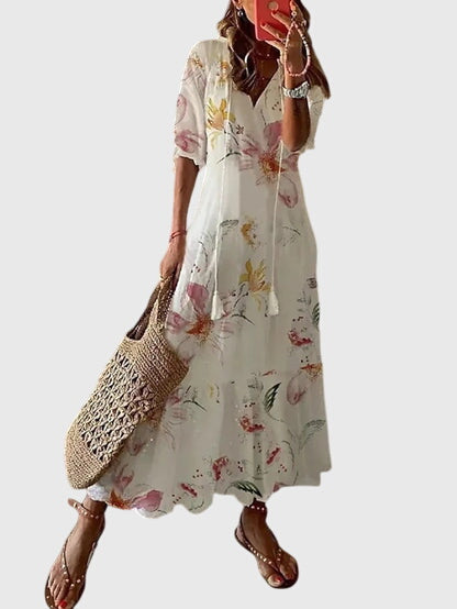 Γυναικείο Καλοκαιρινό Φόρεμα Boho με V Λαιμόκοψη – Λευκό