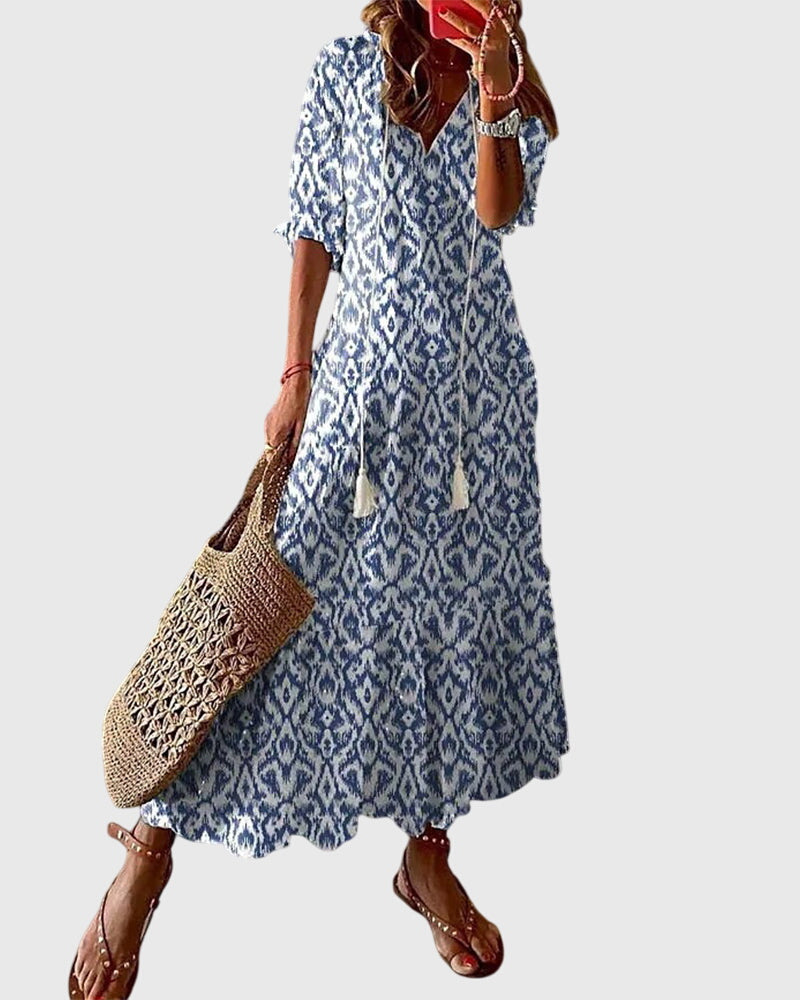 Γυναικείο Καλοκαιρινό Φόρεμα Boho με V Λαιμόκοψη – Μπλε