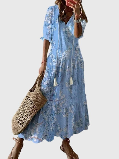 Γυναικείο Καλοκαιρινό Φόρεμα Boho με V Λαιμόκοψη – Γαλάζιο