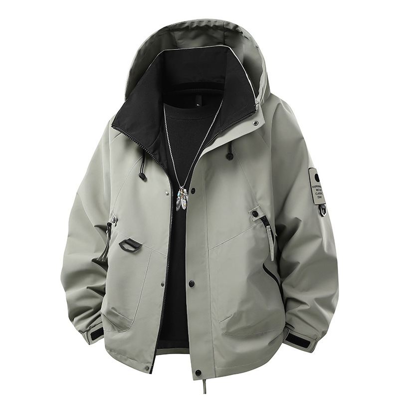Ανδρικό Αδιάβροχο Jacket με Κουκούλα και Τσέπη Στήθους – Γκρι
