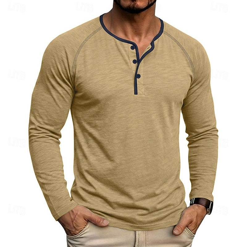 Ανδρική Μπλούζα Henley Βαμβακερή Κλασική με Κουμπιά – Χακί