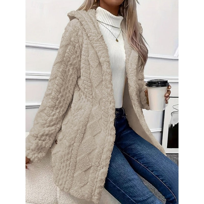 Γυναικείο Fleece Μπουφάν με Κουκούλα Ανάγλυφη Υφή – Βερικοκί