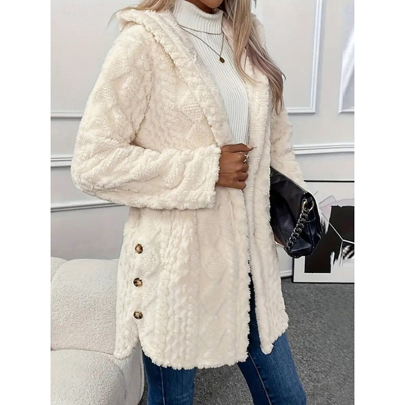 Γυναικείο Fleece Μπουφάν με Κουκούλα Ανάγλυφη Υφή – Λευκό
