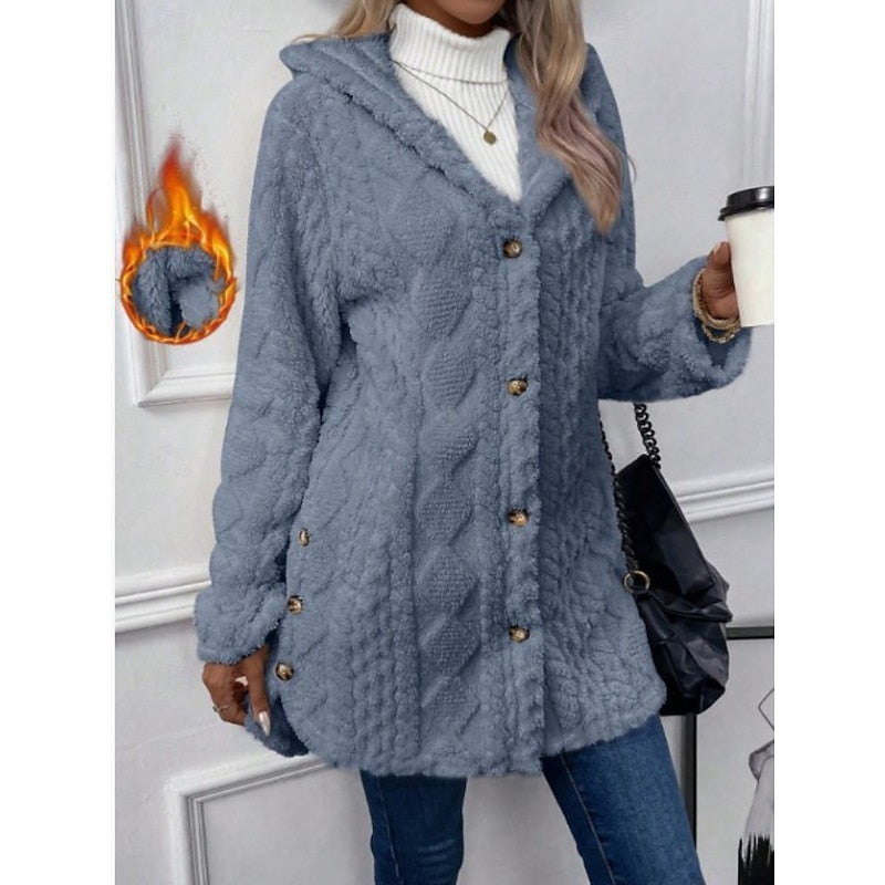 Γυναικείο Fleece Μπουφάν με Κουκούλα Ανάγλυφη Υφή – Σκούρο Μπλε