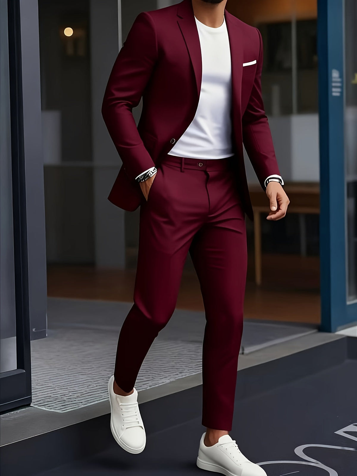 Ανδρικό Κοστούμι Δύο Τεμαχίων Slim Fit με Πέτο Notch – Μπορντό