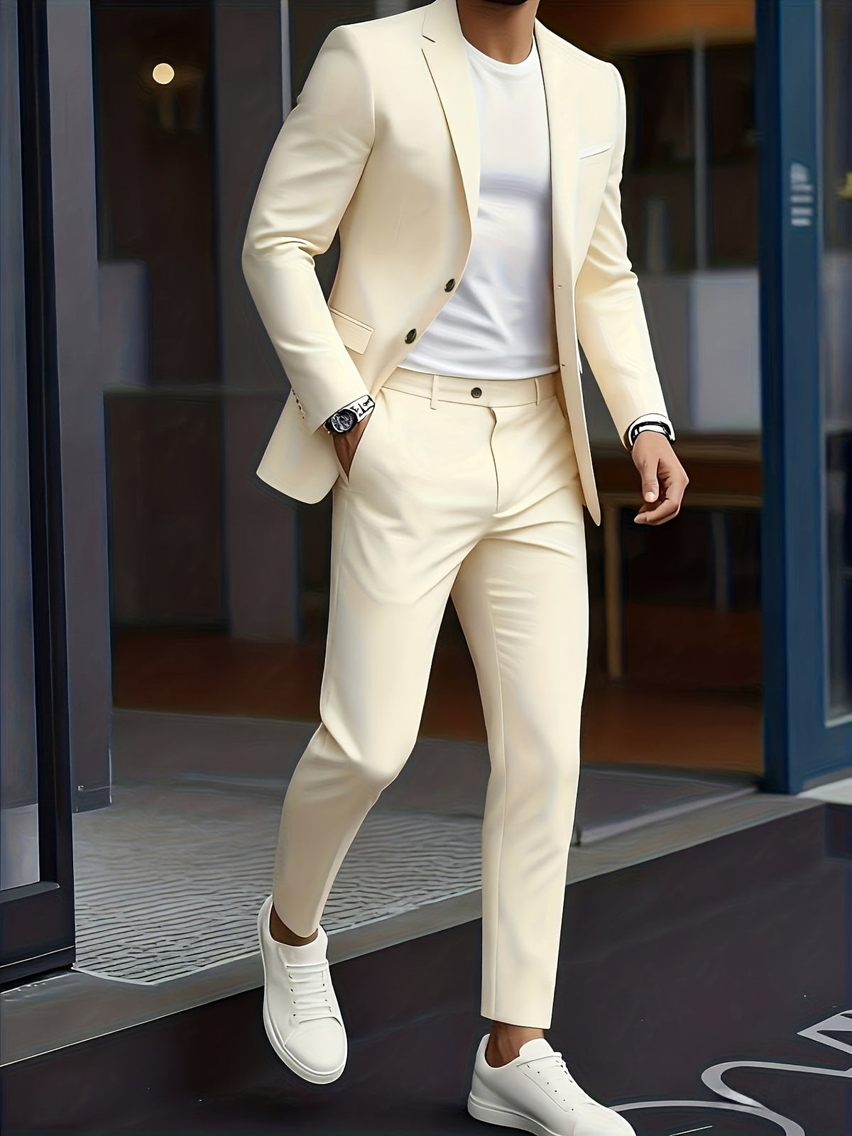 Ανδρικό Κοστούμι Δύο Τεμαχίων Slim Fit με Πέτο Notch – Μπεζ