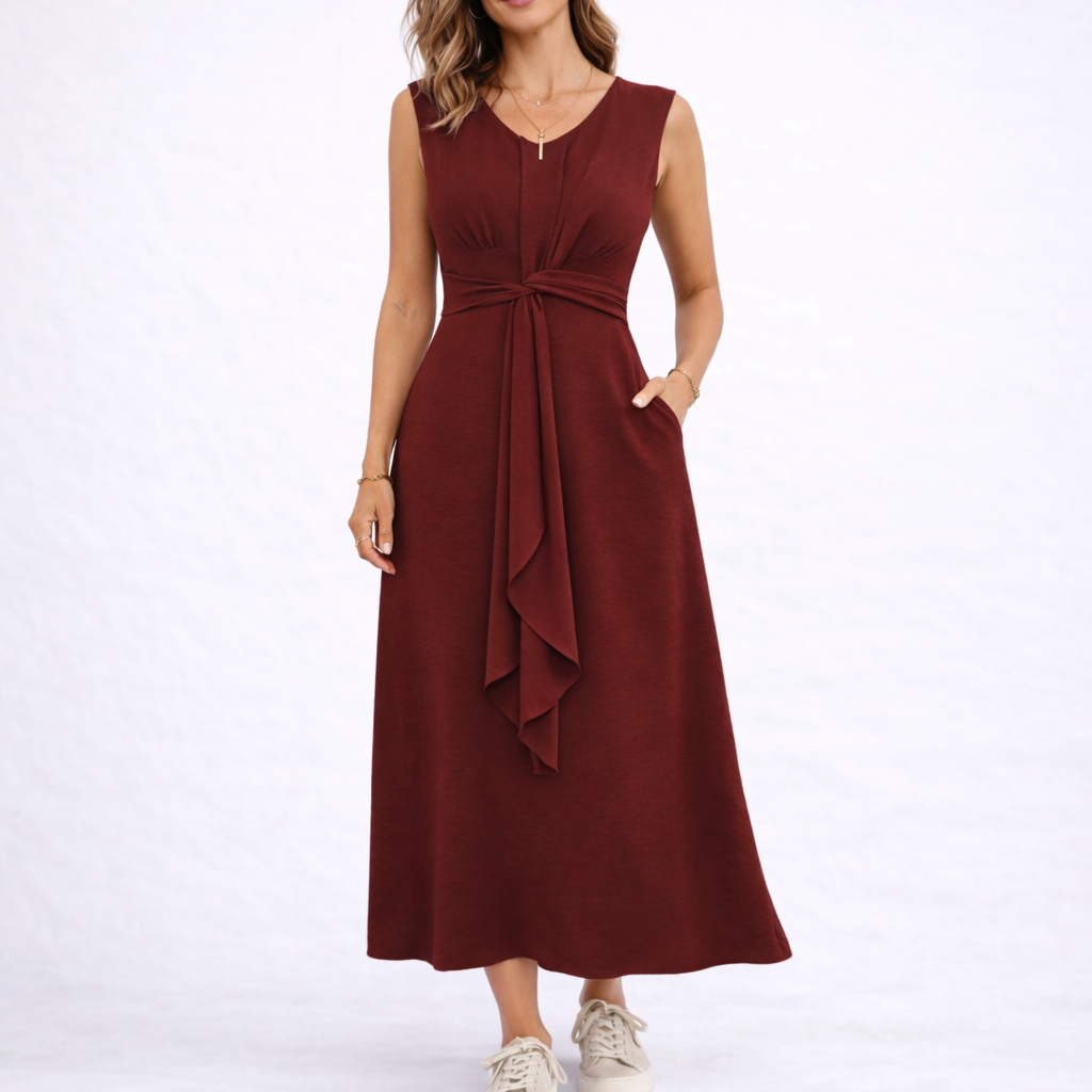 Γυναικείο Midi Φόρεμα Αμάνικο με Ζώνη στη Μέση – Κόκκινο