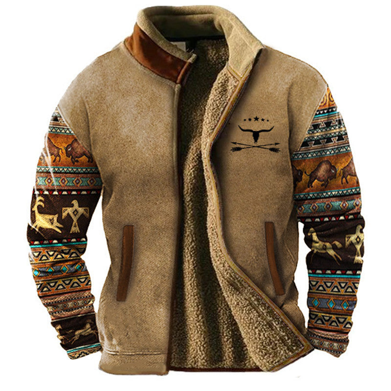 Ανδρικό Μπουφάν Sherpa Fleece με Πλεκτά Μανίκια Aztec – Ανοιχτό Μπεζ