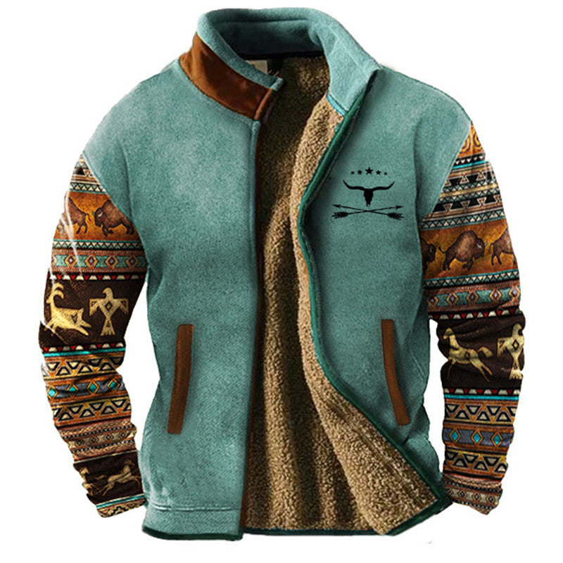 Ανδρικό Μπουφάν Sherpa Fleece με Πλεκτά Μανίκια Aztec – Γαλάζιο Ουρανού