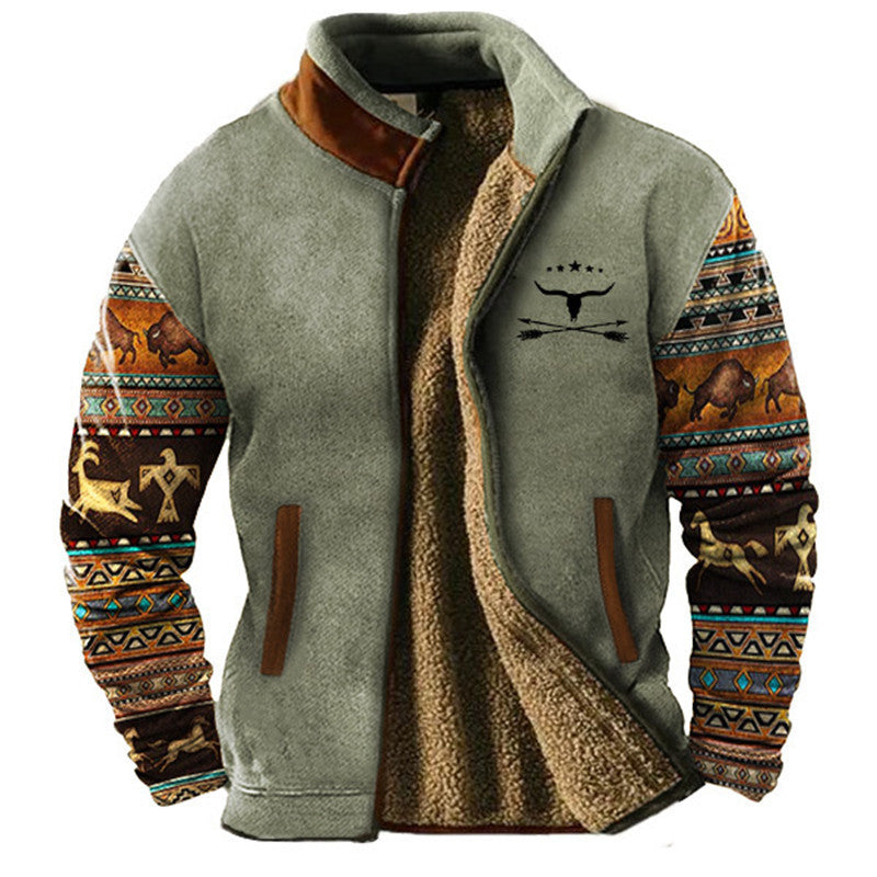 Ανδρικό Μπουφάν Sherpa Fleece με Πλεκτά Μανίκια Aztec – Ανοιχτό Πράσινο